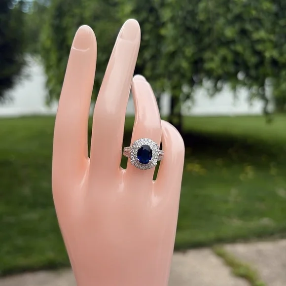 2.45 ct Sapphire & Diamond Sterling Size 7 Princess Diana Cocktail Ring - Picture 2 of 11